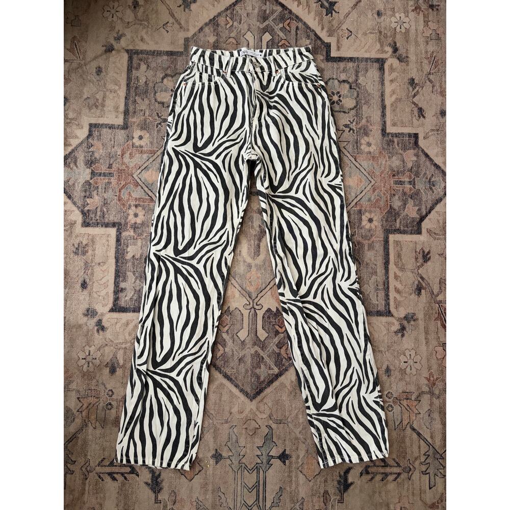 Zara Zebra Print Jeans Womens US 2 EUR 34 High Rise Straight Leg Denim